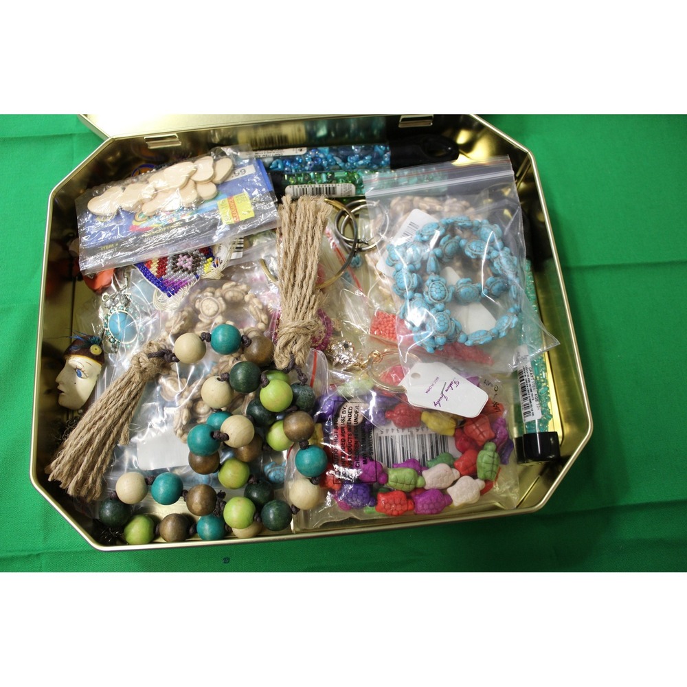1 1/2 Pound Assortment of Various Beads in a Tin (See Photos for Contents)
